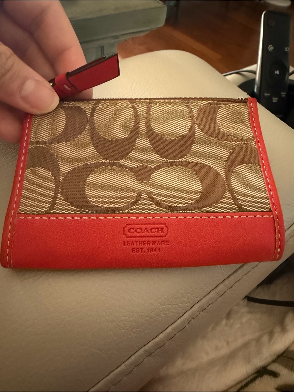 COACH Brown Signature Canvas Card Holder with Orange Leather Trim